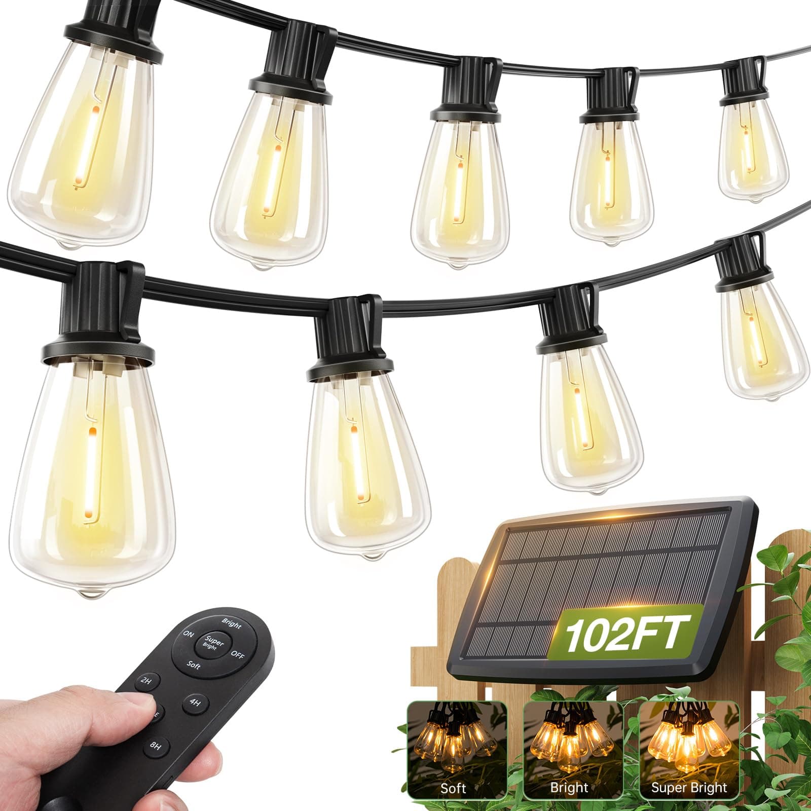 102(96+6) FT Solar String Lights Waterproof,Patio Light Solar Powered with Remote & USB Port 3 Modes, 30+2 LED Shatterproof Bulbs Outdoor Lighting for Camping Backyard Garden