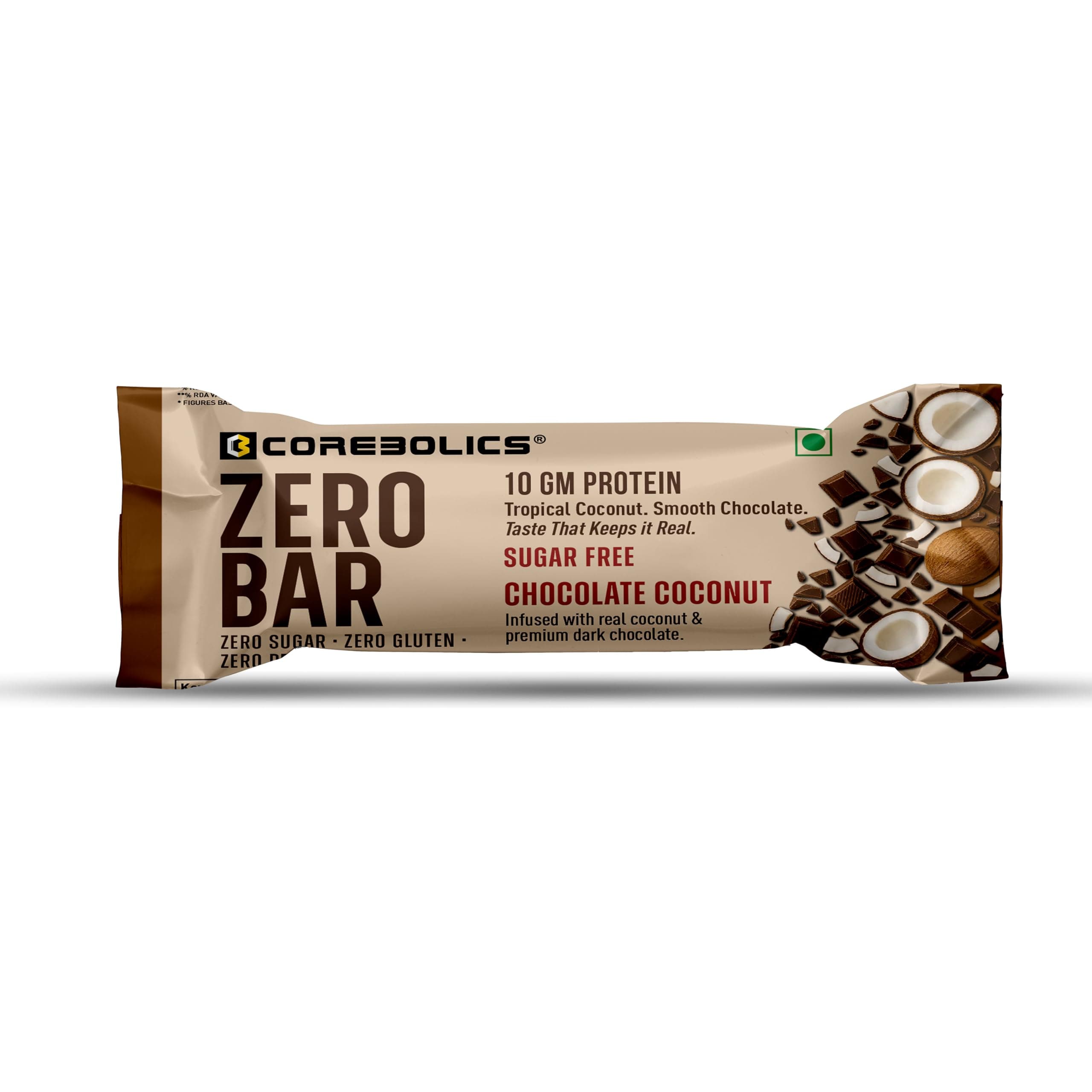 COREBOLICS ZERO BAR (10 GM PROTEIN, 6 BARS) |1 BOX - 6 PCS | 40 gm Protein Bar |(Chocolate Coconut Flavour) | Zero Sugar | Zero Gluten | Zero Preservative