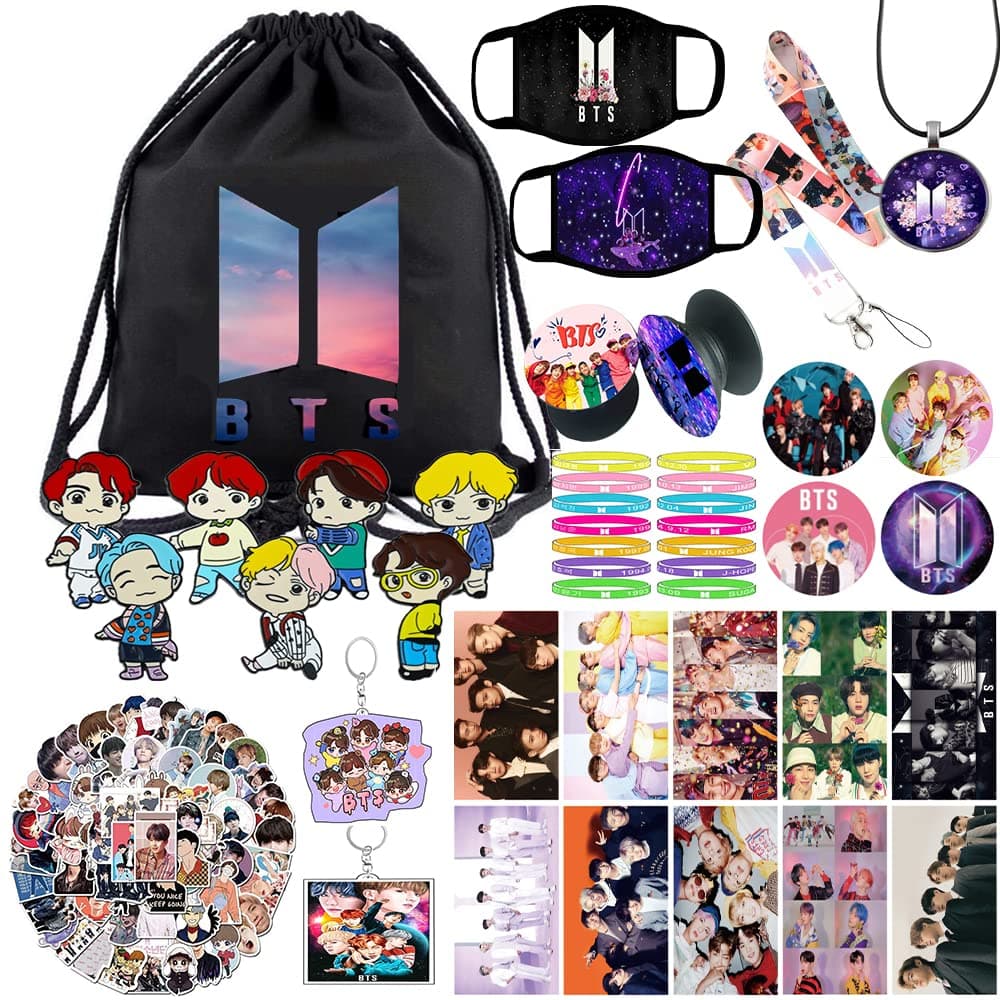 Hydow Package Set for Fans - Including Drawstring Bag,Stickers, Face M-asks, Lanyard, Keychains, Bracelets, Button Pins, Multicolor, Medium