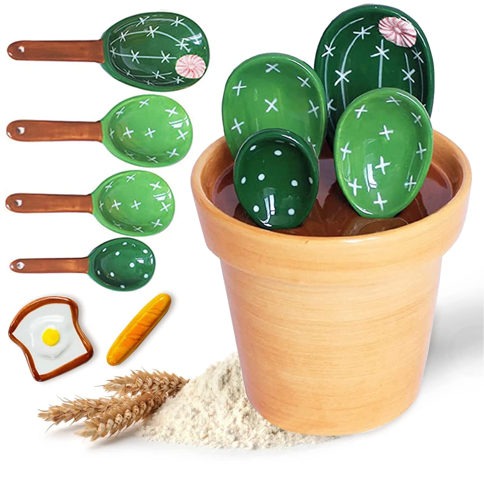 Cactus Measuring Spoons Set in Pot with Stand,Ceramic Cacti Measuring Spoons Set with Measuring Cup for Baking,Salt,Sugar (Pure Green)