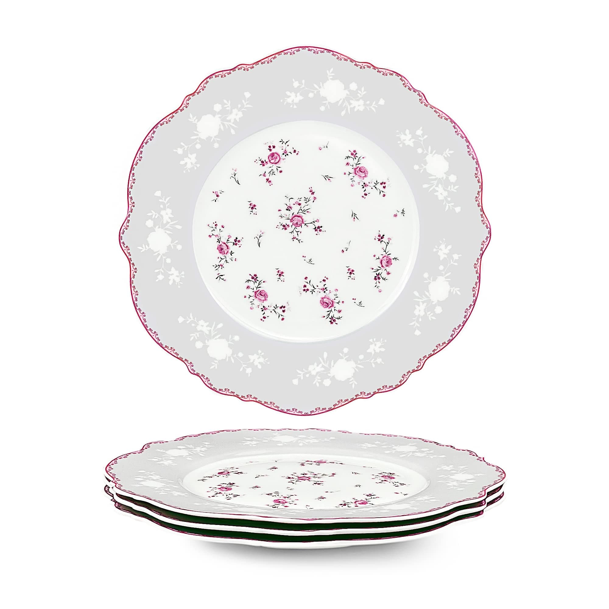 Set of 4 Porcelain Dessert Plates, 20.8 cm Small Ceramic Pink Flowers Plates, Dinnerware Set with Gold Trim