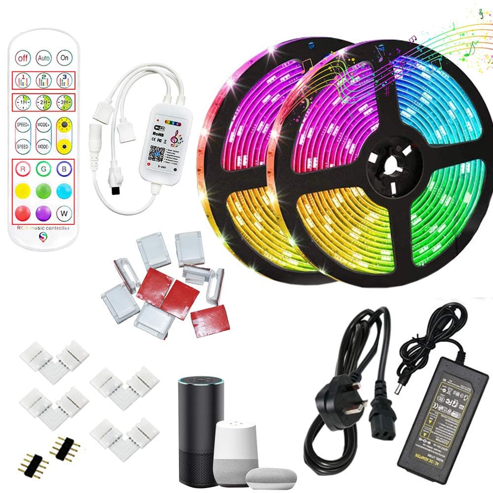 ZPT Electronics® Wifi Smart led strip with music sync 10 meter led strip, 5050 RGB LED Strip IP65 Waterproof, compatible with Alexa and google home with L shape connectors for TV corner