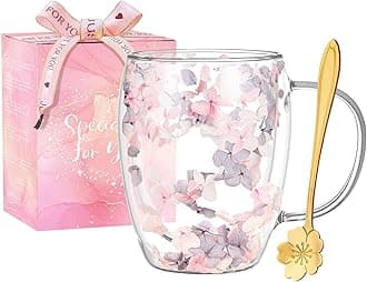 Gifts for Women Dried Flowers Double Wall Glass Coffee Mugs Cute Glass Tea Cups with Handles Christmas Birthday Gifts for Best Friend Teacher Mum Gift Ideas Autumn Mug Home Decor(Grey+Pink)
