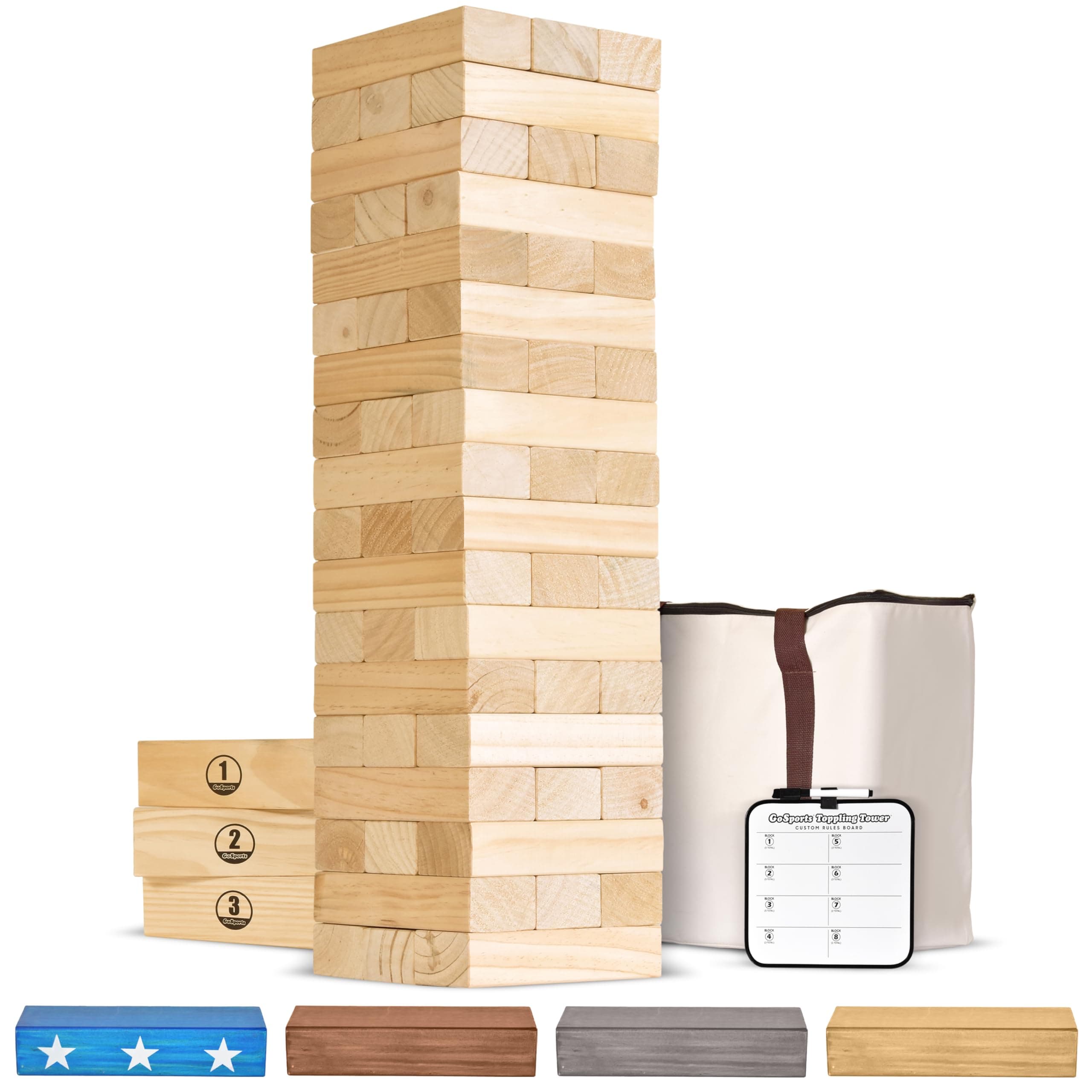 GoSports Giant Wooden Stacking Game - Stacks Up to 5 ft - Choose Brown Wood Stain, Gray, Natural, Stars & Stripes, or Tropical Hardwood - Toppling Tower