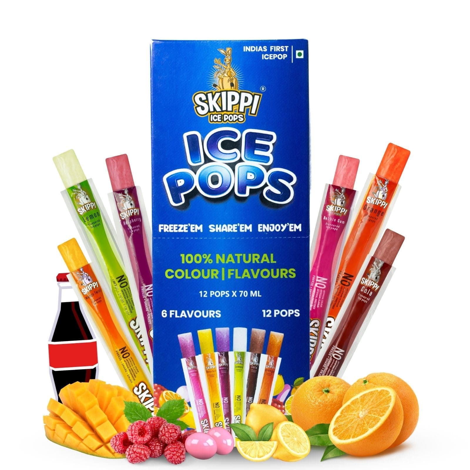 Skippi Ice Pops 100% Natural Popsicles (Lemon, Mango, Orange, Raspberry, Bubblegum and Cola - 12 x 70 ml)