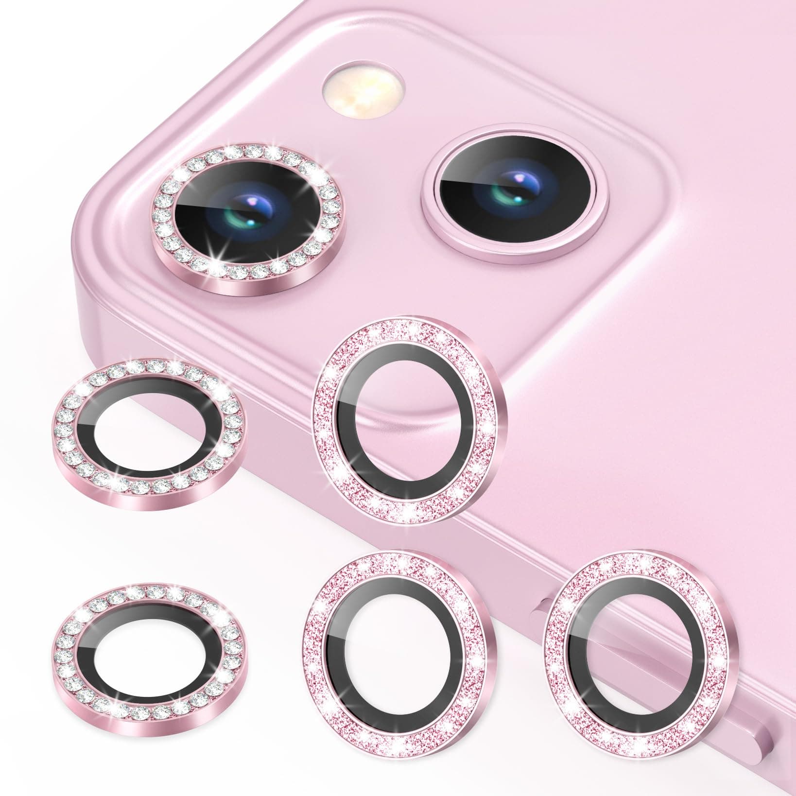 AGVEE 3+3 6 Pack for iPhone 13 6.1" / 13 Mini 5.4" Camera Lens Protector, Bling Diamond & Bling Glitter Metal Ring 9H Tempered HD Glass Camera Cover Film, Bling-Pink