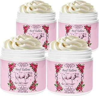 OutccogoWhipped Beef Tallow for Skin, Beef Tallow for Face, Rose Face Moisturizer, 5.3 OZ Extra Size Rose Scent Whipped Natural Tallow Blam Grass Fed Tallow Cream Moisturizer Body Lotion,4 Pack
