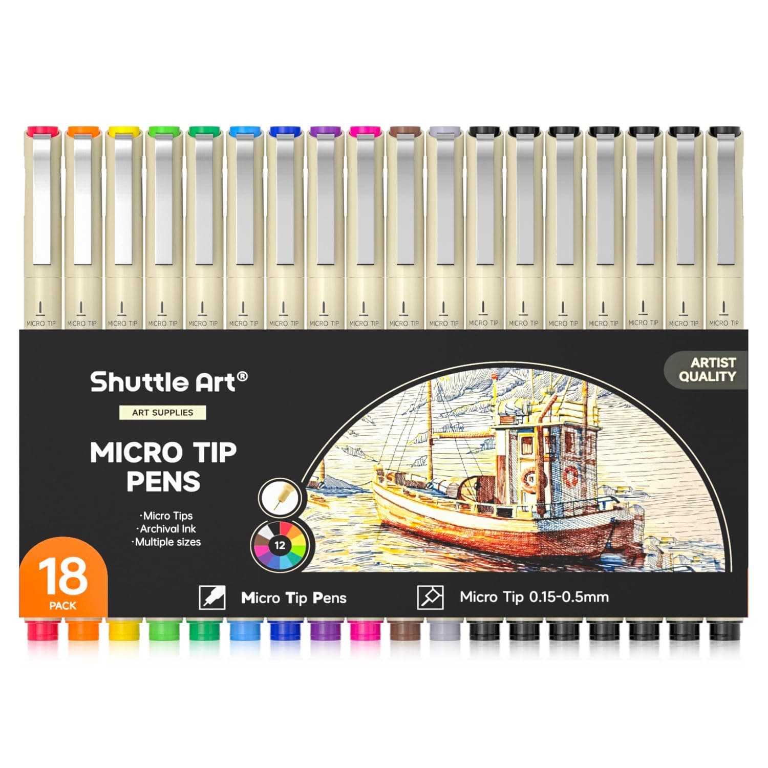 18-Pack Micro-line Pens - 11 Waterproof Archival Ink Colors in 0.3MM Felt Tip & 7 Blacks in 0.15-0.5MM For Journaling, Illustrating & Drawing