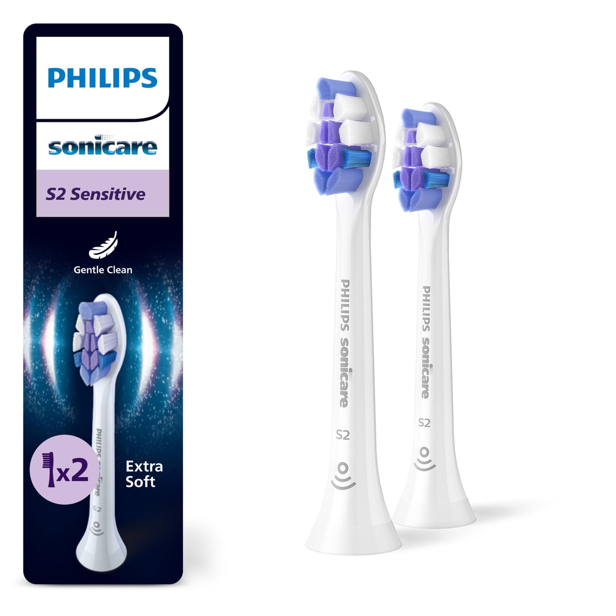 Philips Sonicare S2 Sensitive, Genuine Replacement Toothbrush Heads, White, 2 Pack, HX6052/87