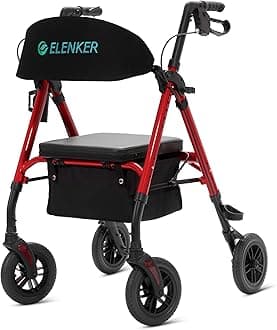 ELENKER All-Terrain Rollator Walker with 8” Non-Pneumatic Wheels, Sponge Padded Seat and Backrest, Fully Adjustment Frame for Seniors,Red