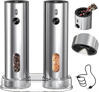 CIRCLE JOY Rechargeable Electric Salt and Pepper Grinder Set with Base, Automatic Stainless Steel Pepper Mill Grinders with 110ml Container, Adjustable Coarseness and White LED Light, Silver