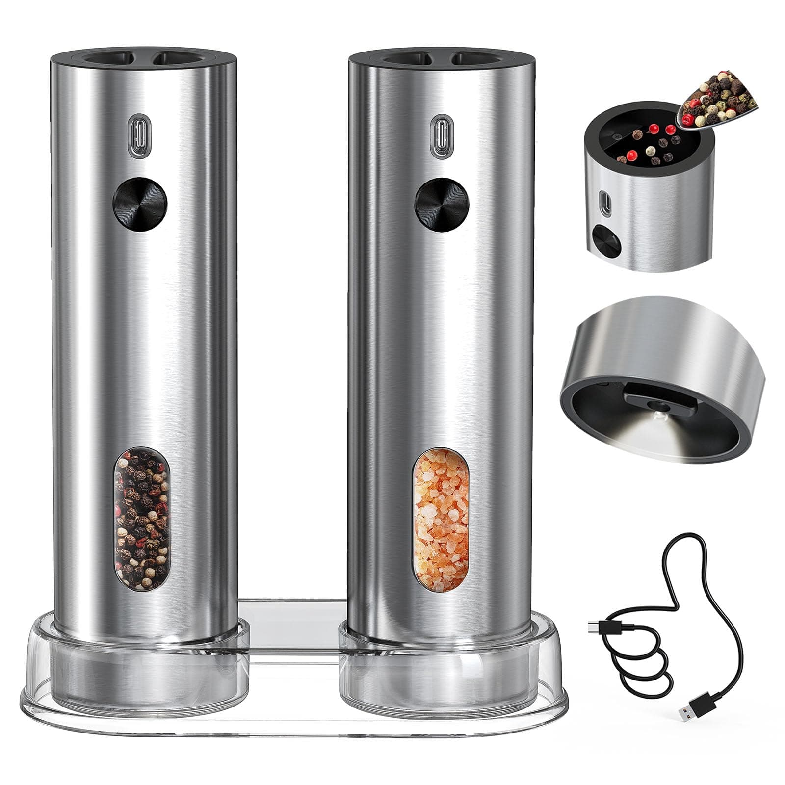 CIRCLE JOY Rechargeable Electric Salt and Pepper Grinder Set with Base, Automatic Stainless Steel Pepper Mill Grinders with 110ml Container, Adjustable Coarseness and White LED Light, Silver