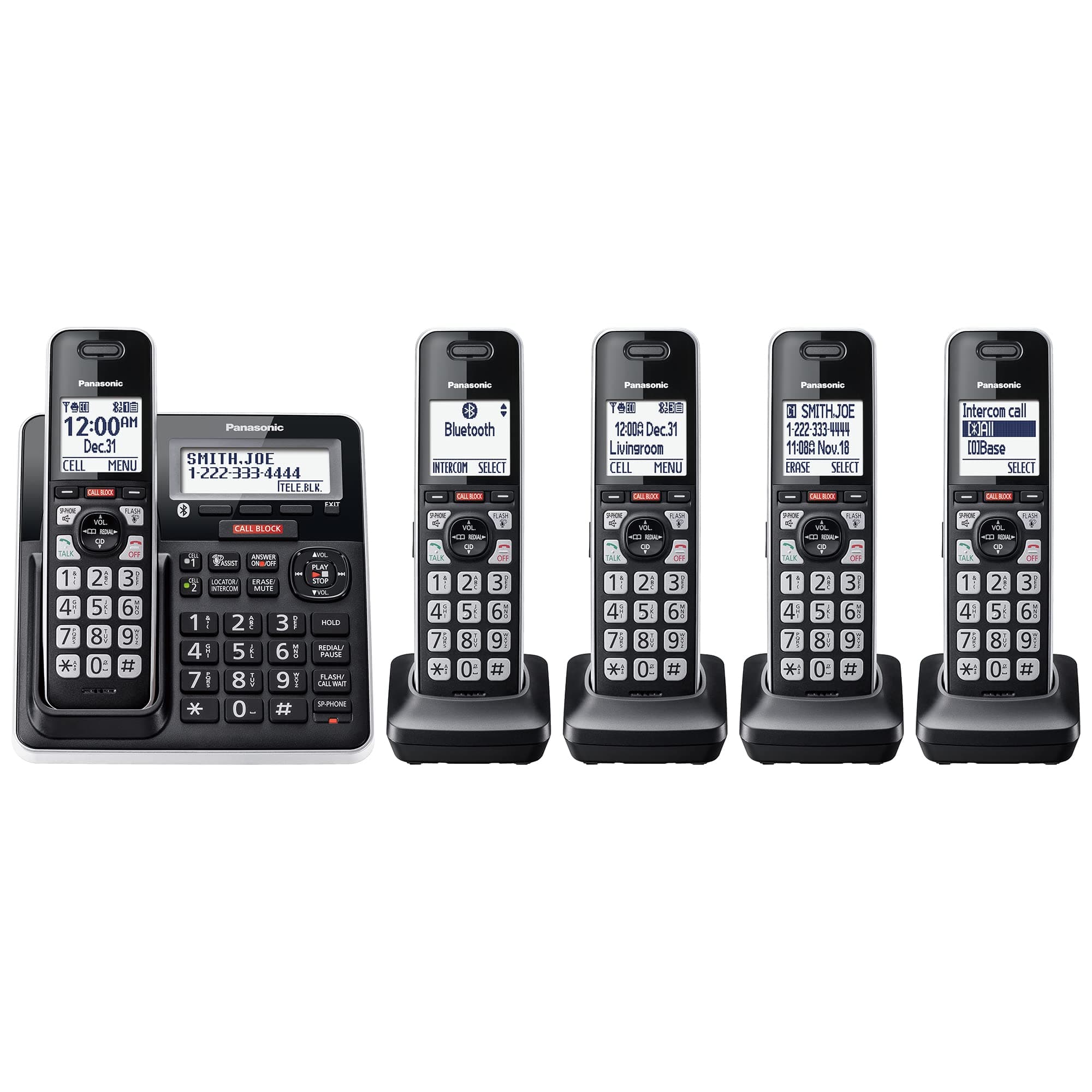 Panasonic Cordless Phone with Advanced Call Block, Link2Cell Bluetooth, One-Ring Scam Alert, and 2-Way Recording, Answering Machine, 5 Handsets - KX-TGF975B (Black/Silver Trim)