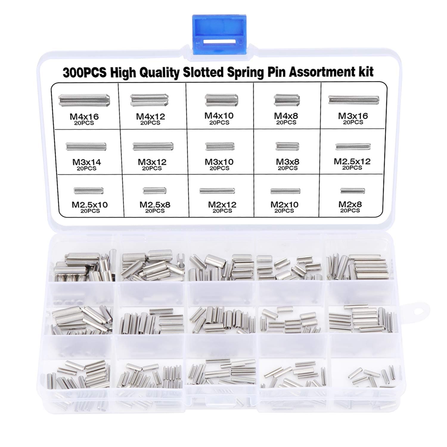 Aussel 304 Stainless Steel Slotted Spring Pins, Split Spring Dowel Pins, Tension Roll Pins Assortment Kit M2 M2.5 M3 M4, 300 Pieces