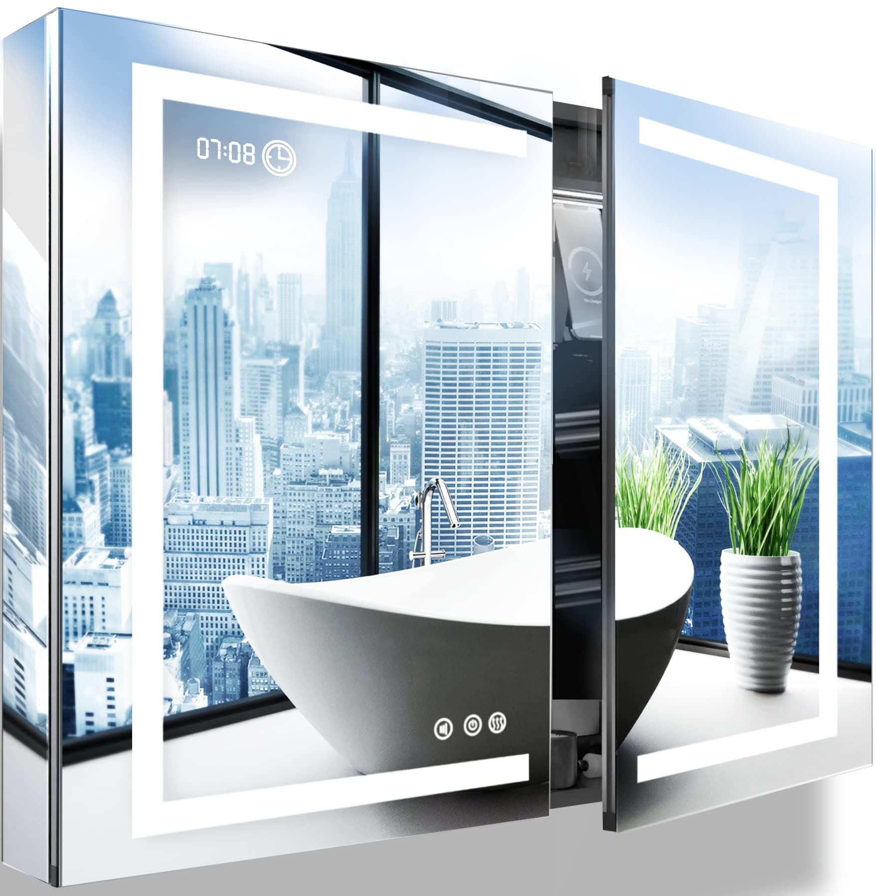 LED Lighted Medicine Cabinet Front & Backlit Dimmable Colours, Clock & Temp, USB Outlets