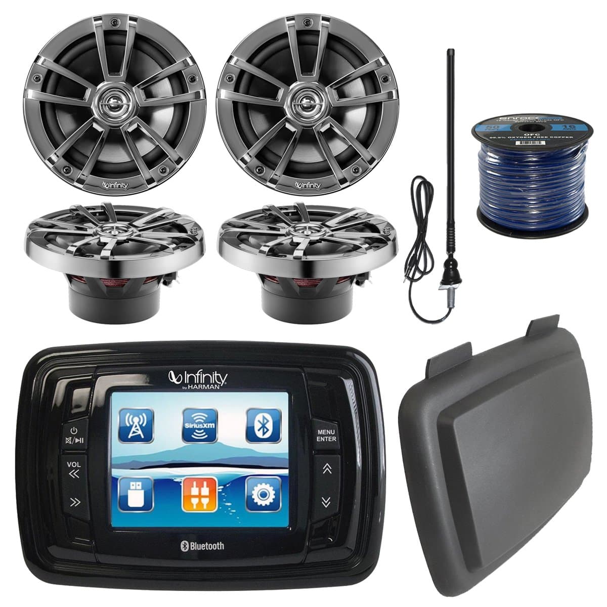 Infinity PRV350 Marine 3.5" Display Bluetooth Stereo Receiver W/Cover, Bundle Combo with 4X 6.5 Inch 225-Watt 2-Way Boat Speakers