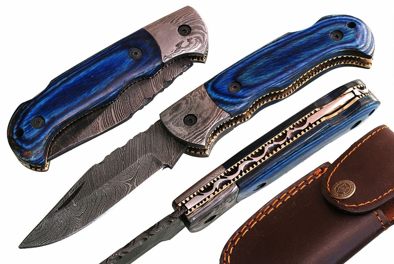 SharpWorld Custom Damascus Pocket Knife Ideal Folding Knife Unique Design with Leather Sheath TJ107
