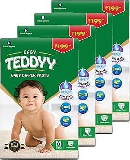 TEDDYY Easy Baby M Size Diaper Pant Style | 56 Count (Medium) | 7–12 kg (Pack of 4) | Long Protection Hours | Anti-Bacterial | Airy Breathable Fit | Rapid Soaker Channels with Wetness Indicator