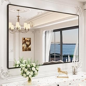 New Upgrade Bathroom Mirror, 60X40 Inch Black Metal Frame Wall Mounted Rounded Rectangle Bathroom Vanity Mirror with Tempered Glass for Washroom Bedroom Living Room