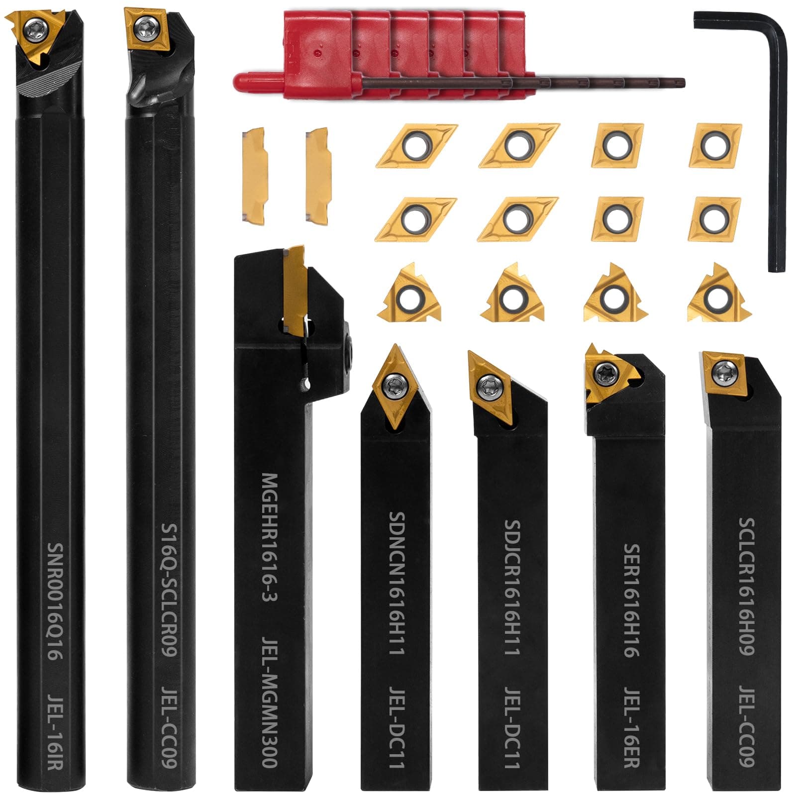 21-Piece Indexable Lathe Turning Tool Kit - 5/8 (16mm) Shank 7 Metal Lathe Tool Holders and 14 Carbide Inserts for Precision Turning, Grooving, Threading, and Boring