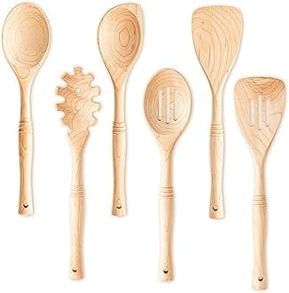 Gudamaye 6 PCS 12 inch Premium Maple Wood Kitchen Utensils for cooking,Wooden Spoons for Cooking, Wooden Utensil for cooking,Spatula,Slotted Spatula,Corner Spoon, Spaghetti,Spoon and Slotted Spoon