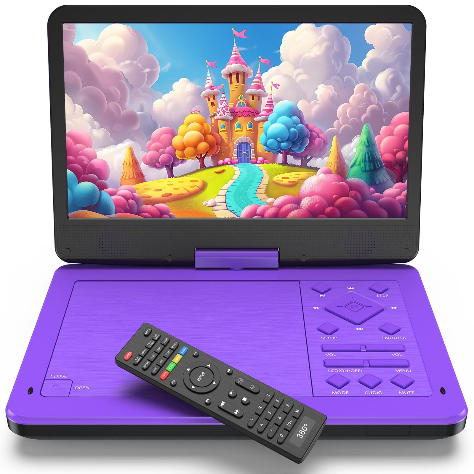 12.5" Portable DVD Player with 10.1" IPS Screen for Kids - Car DVD Player with Headrest Mount Bag, 360° Easy Remote, Dual Earphone Jacks, CD/DVD/SD Card/USB Supported, Region Free [Purple]