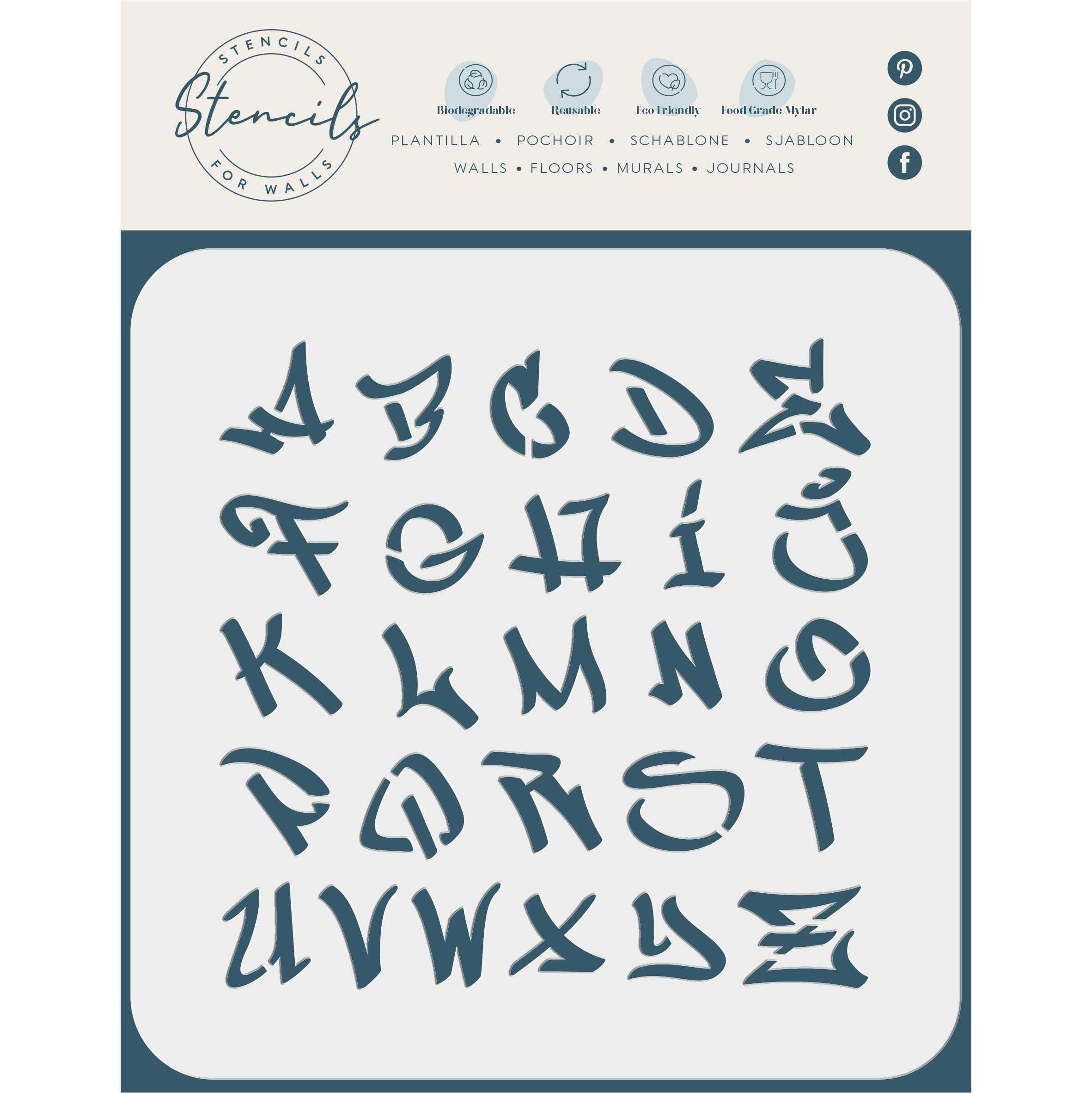 1" Graffiti Letters Stencil, 16.5 x 16.5 cm (M) - Street Graffiti Font Uppercase Street Vandle Style Alphabet Letters Script Stencils for Painting Template