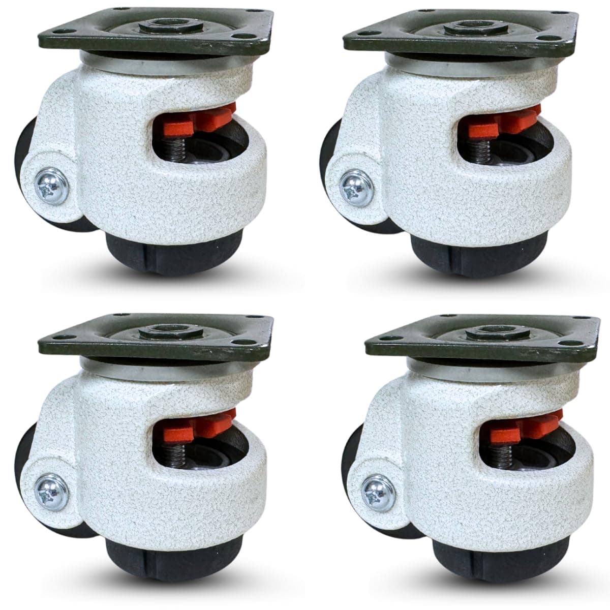 CasterHQ - Retractable Leveling Machine Casters - 4 Pack - 2,400 lbs Per Set - - Heavy Duty Machine Retractable Casters - 600 lbs Capacity Each Caster - New Improved Design!