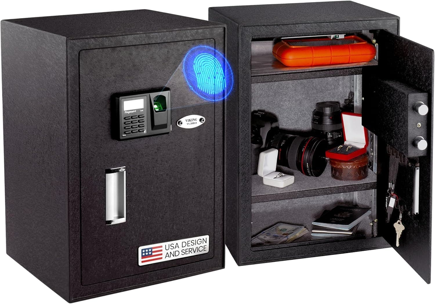 Large Biometric Safe – Quick-Access Fingerprint, PIN & Key Entry, Heavy-Duty Steel with Anti-Pry Door, Adjustable Shelves, Interior LED Light VS-50BLX