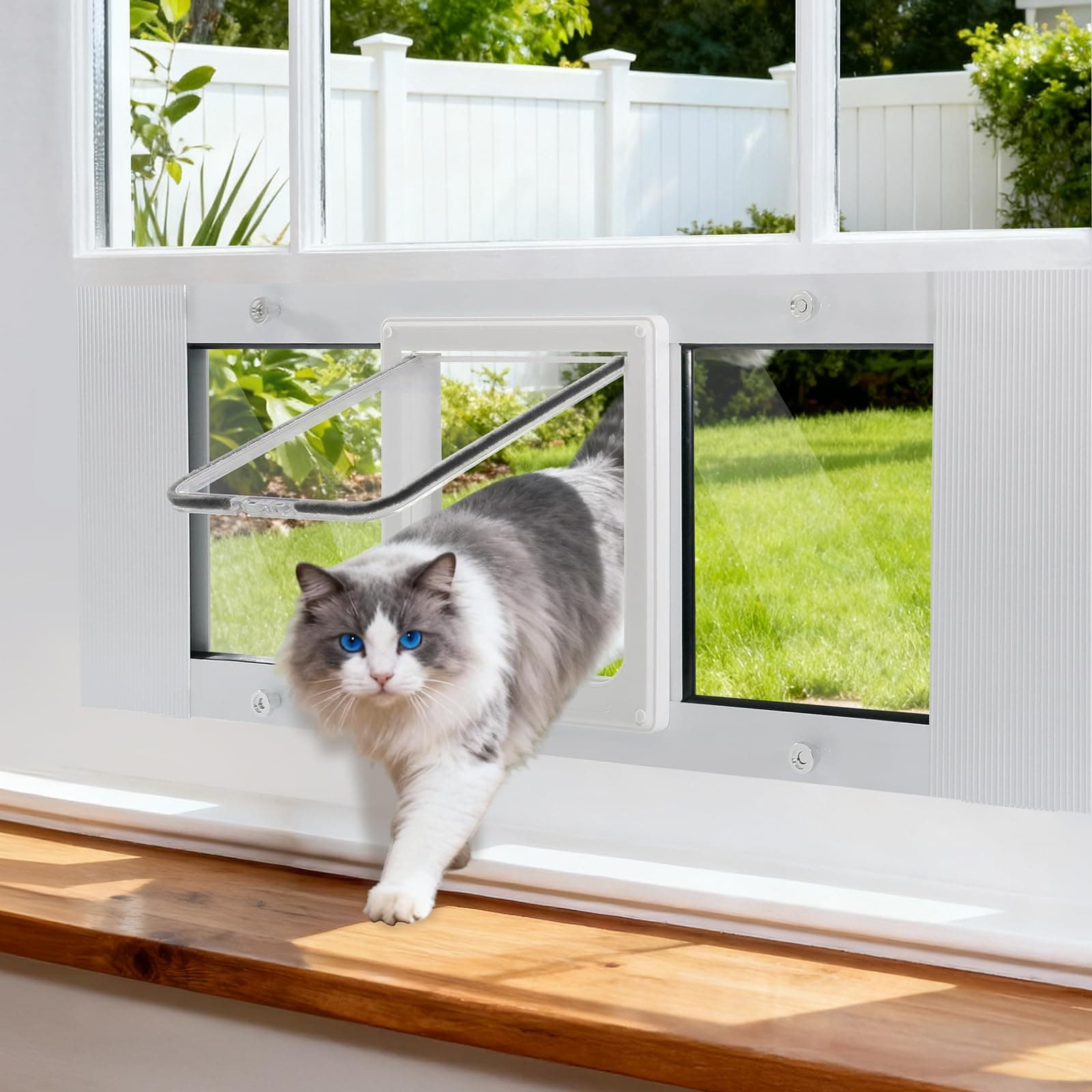 Cat Door for Window, Aluminum Frame Window Cat Door Insert for 32"-36" Sash Windows, Magnetic Flap with 4 Locking Modes Cat Window Door, Weatherproof, Easy Access for Cats & Small Pets