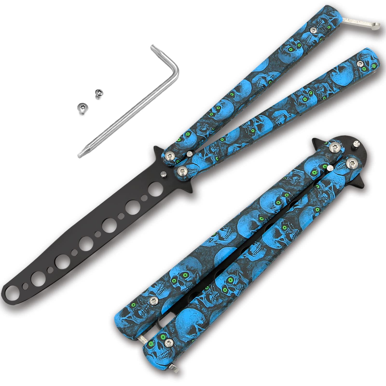 AIFUSI Practice Finger Training Tool, 1 Pack Unsharpened Folding Cool Skull Metal Steel Balisong Trainer for Practicing Flipping Tricks, Safe for Beginner Kids Men CSGO
