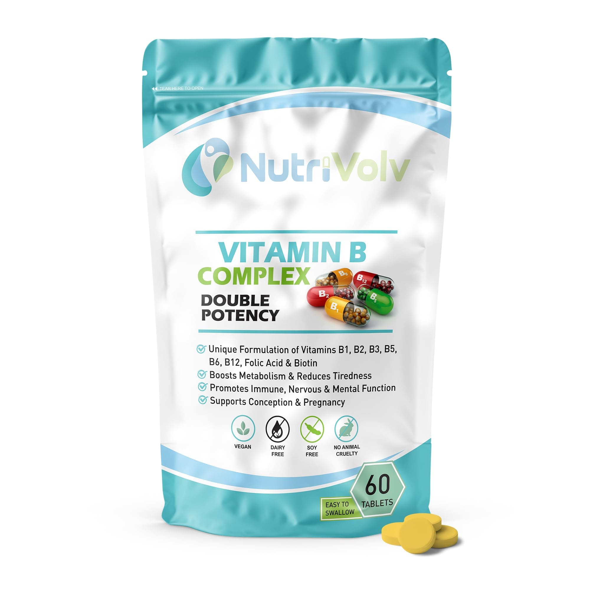 Vitamin B Complex Supplements with B Vitamins Including high strength B12, B1, B2, B3, B5, B6, B7, B9, Biotin & Folic Acid- Support Healthy Energy Metabolism | 60 Tablets