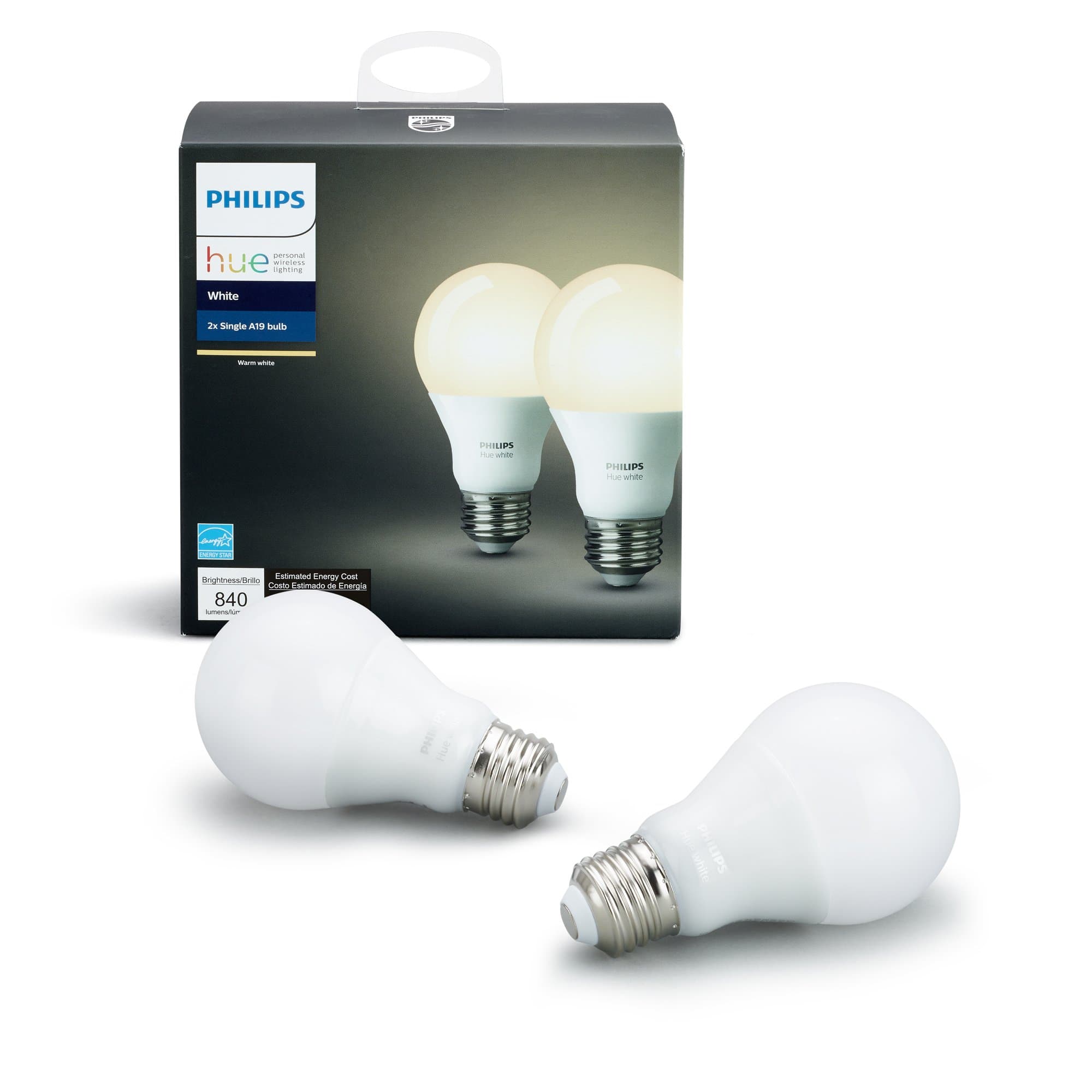 Philips Hue White A19 2-Pack 60W Equivalent Dimmable LED Smart Bulb (Compatible with Amazon Alexa Apple HomeKit and Google Assistant)