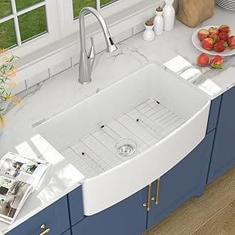 Lordear 33 Inch White Farmhouse Kitchen Sinks Apron Front Flat 33x19 Fireclay Porcelain Ceramic Farmers Single Bowl Farmer Sink Farm Sinks Basin Farm House Sink 33x19x10 Inch