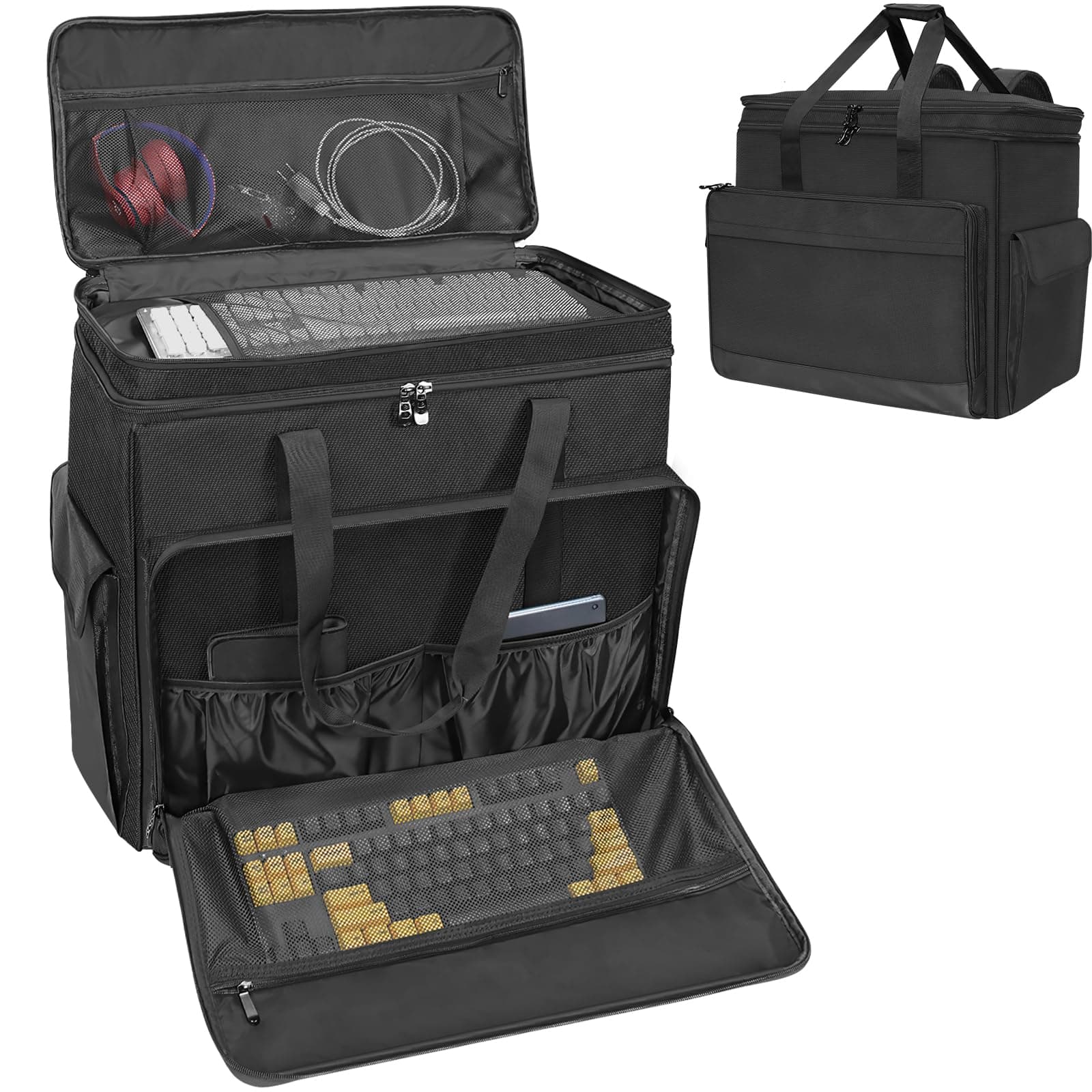 XIDIHF Double-Layer Desktop PC Tower Carrying Case, Travel Storage Bag for Computer Chassis, Keyboard, Mouse, Cables, and Accessories, Bag Only, Black