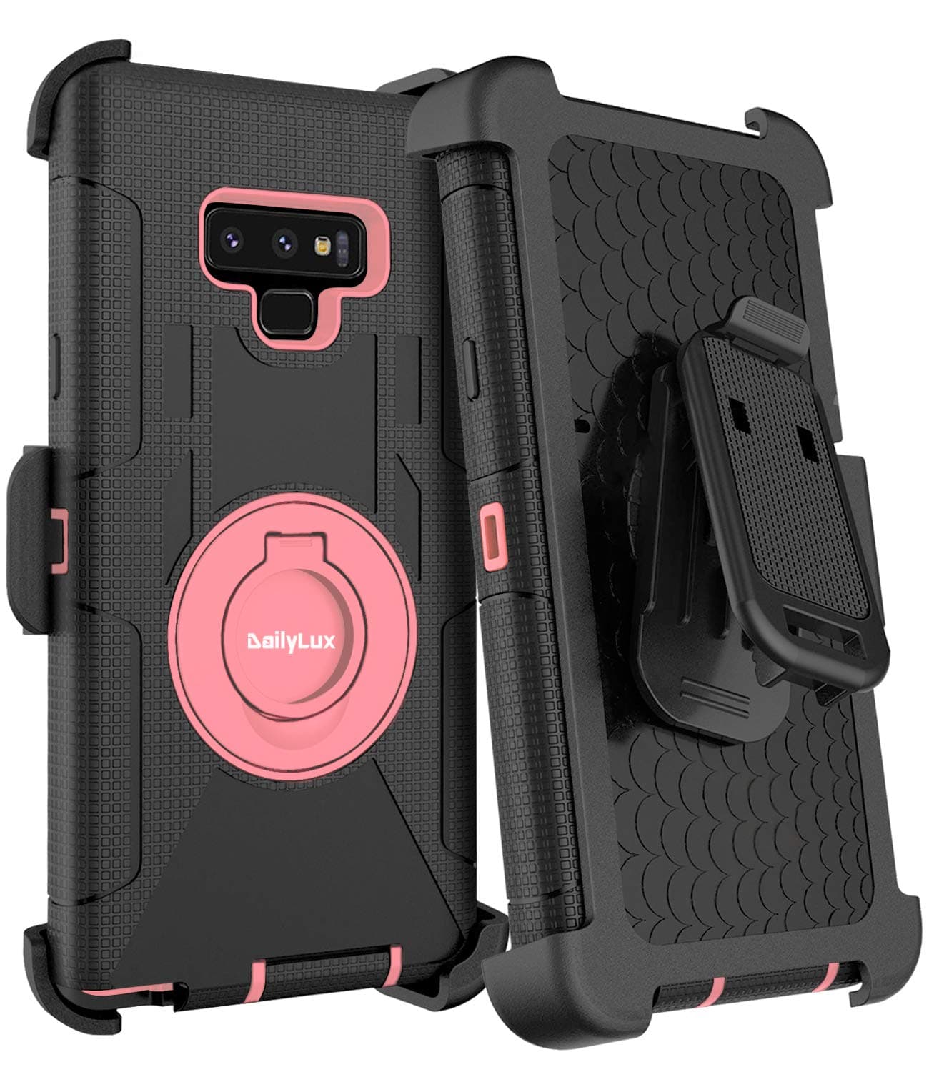 Dailylux Shockproof Case for Samsung Galaxy Note 9, Rugged Heavy Duty Hybrid Holster Rotating Swivel Protective Bumper Kickstand Cover with Belt Clip, Black + Pink