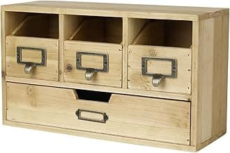 Flexzion Apothecary Cabinet with 4 Drawers - Vintage Natural Wood Desktop Organizer for Home & Office Supplies - Tabletop Wooden Storage for Catalog, Card, Jewelry, Makeup, Craft & Tools