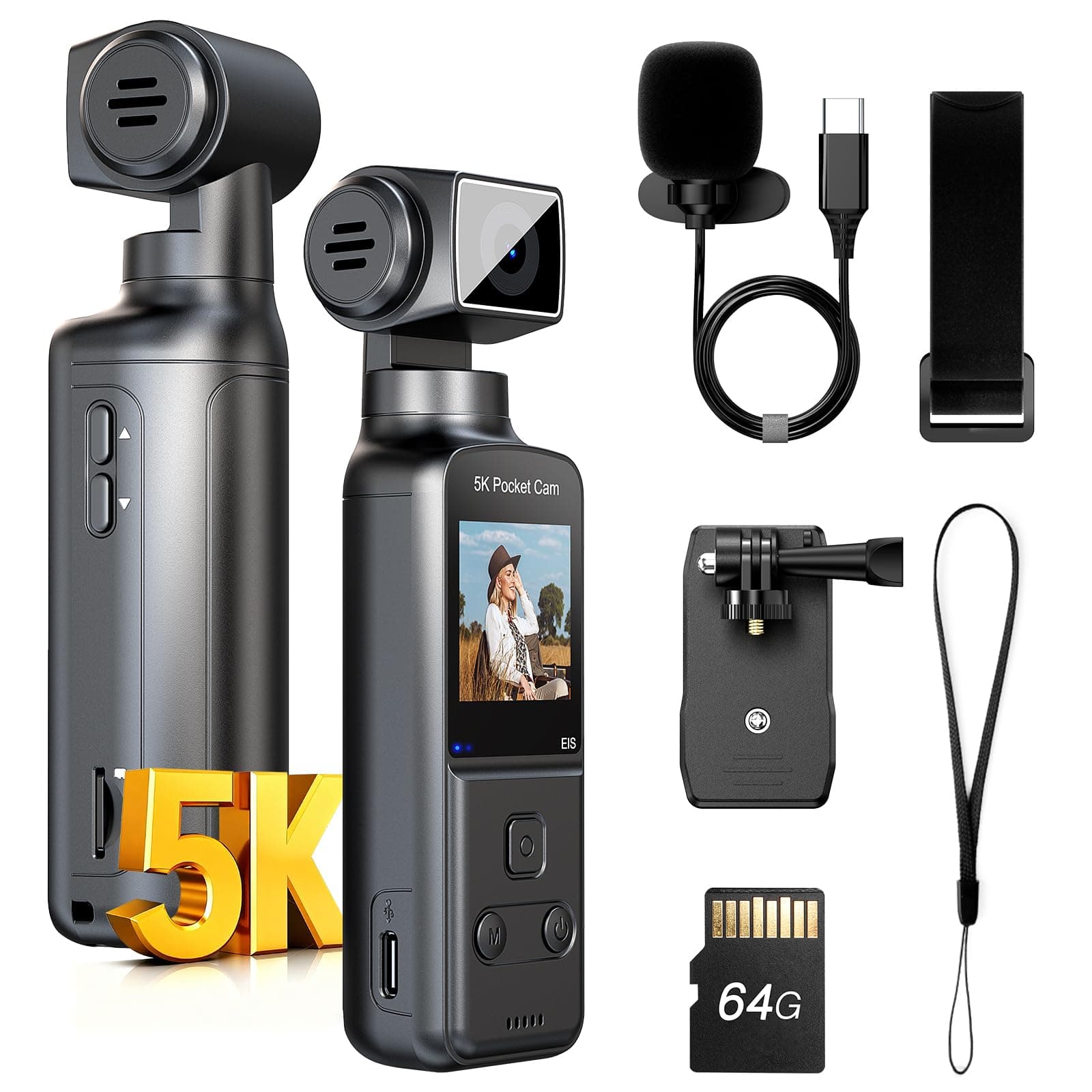 BOBLOV 5K W5 Body Camera, 64GB Mini Action Camera with External Microphone, 270° Rotate Lens, Camcorde for Video Recording, Clip/Strap Options, EIS Stabilization for Meeting, Vlogging, and Daily Use