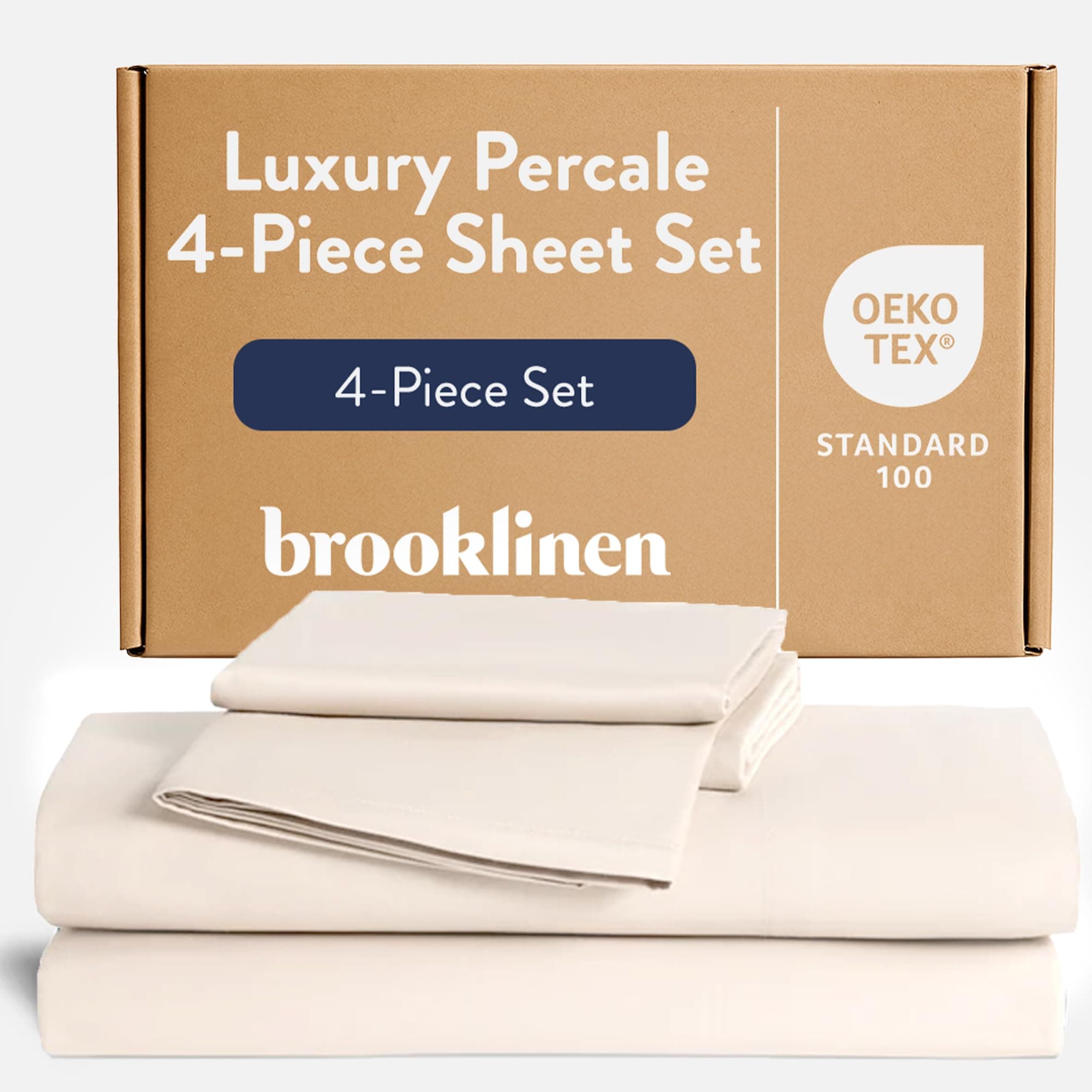 Luxury Percale Sheet Set - 4 Piece 100% Cotton Bed Sheets - 1 Fitted & 1 Flat Sheet, 2 Pillowcases - Cotton Percale Sheets for Hot Sleepers (Queen Size, Cream)