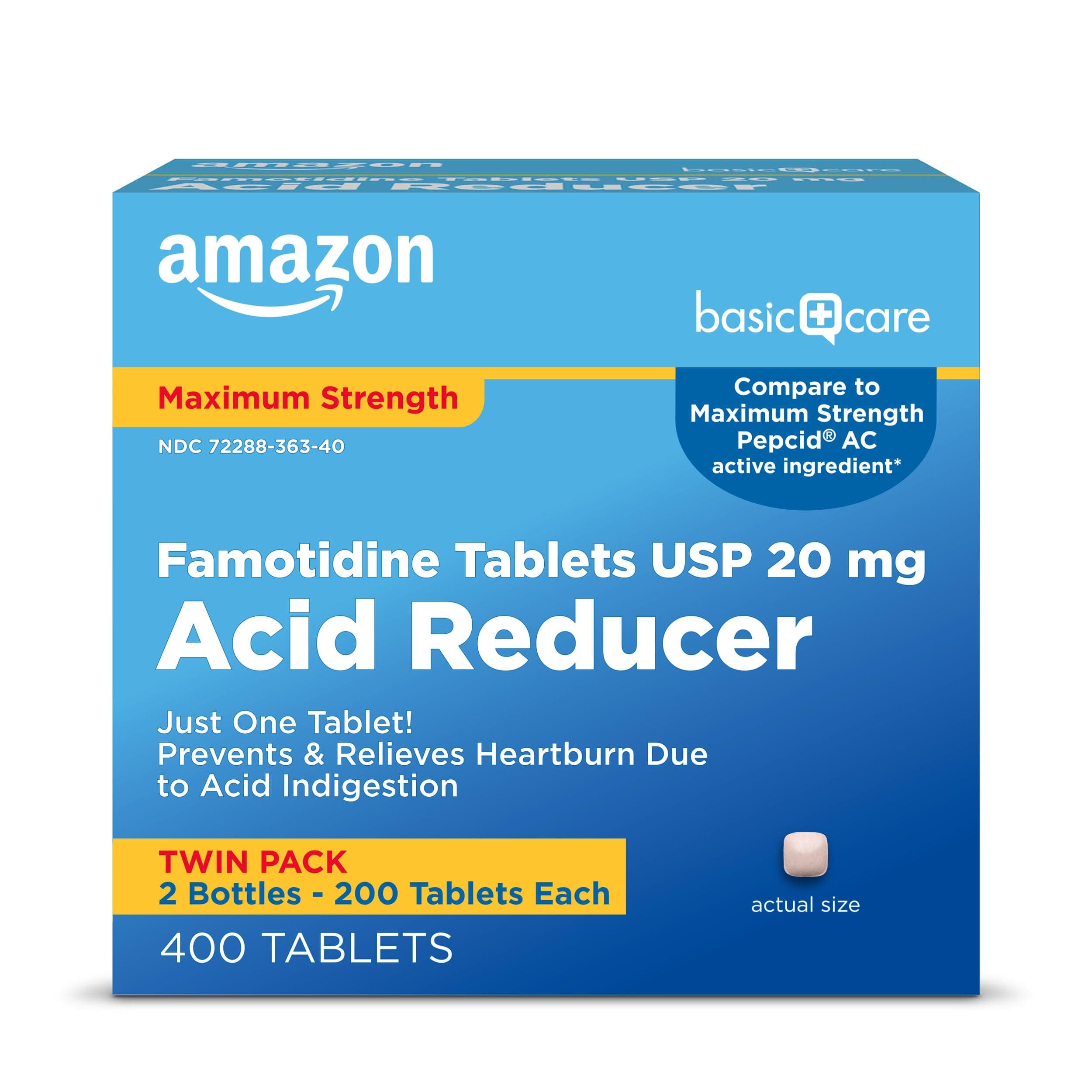 Amazon Basic Care Maximum Strength Famotidine Tablets, 20 mg, Acid Reducer for Heartburn Relief, Prevents & Relieves Heartburn, 400 Count Pack