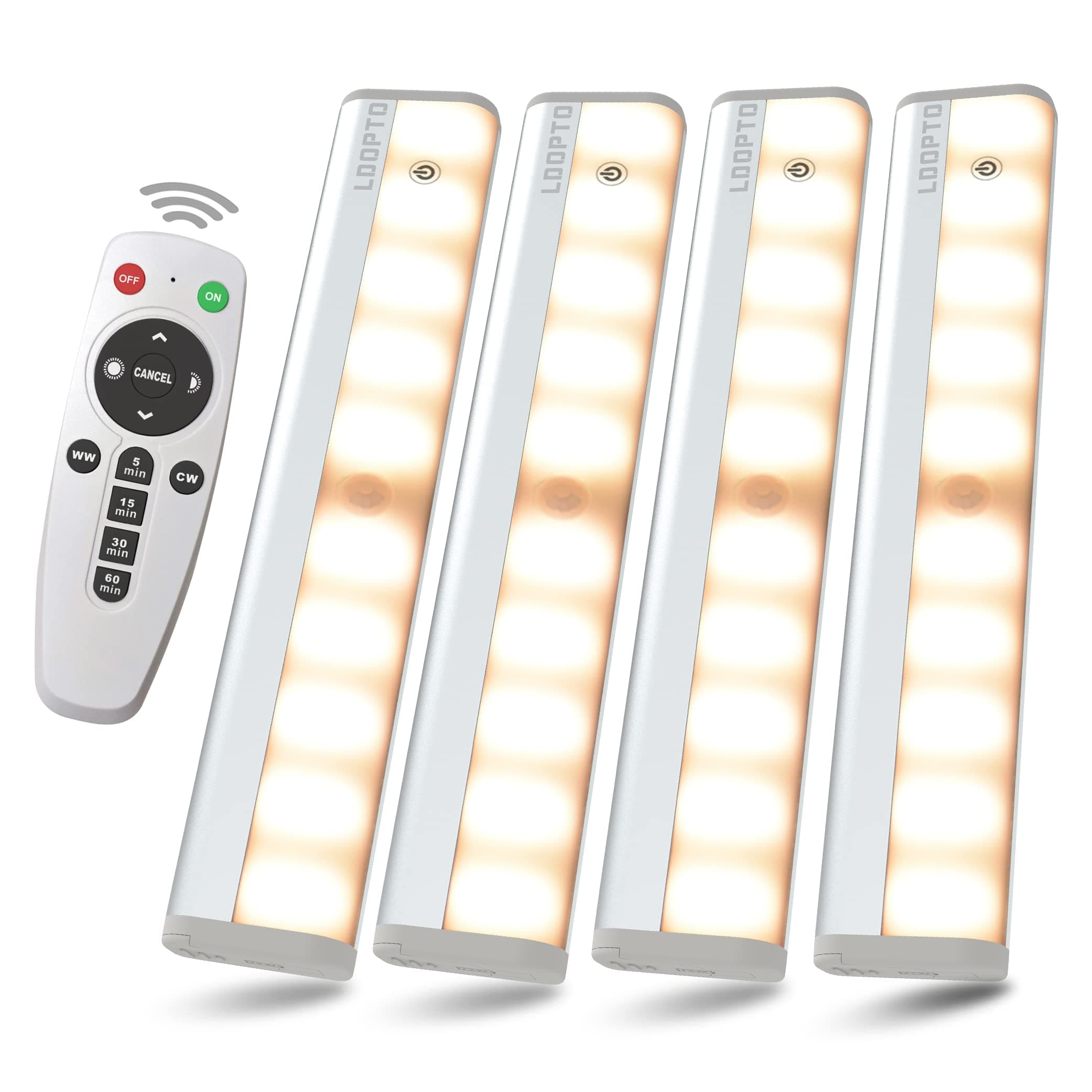 LDOPTO Under Cabinet Lights with Remote, Wireless LED Battery Operated Motion Sensor Light Indoor Stick-on Anywhere Counter Night Lights for Kitchen, Cabinet, Closet, Hallway Stairway 4 Pack