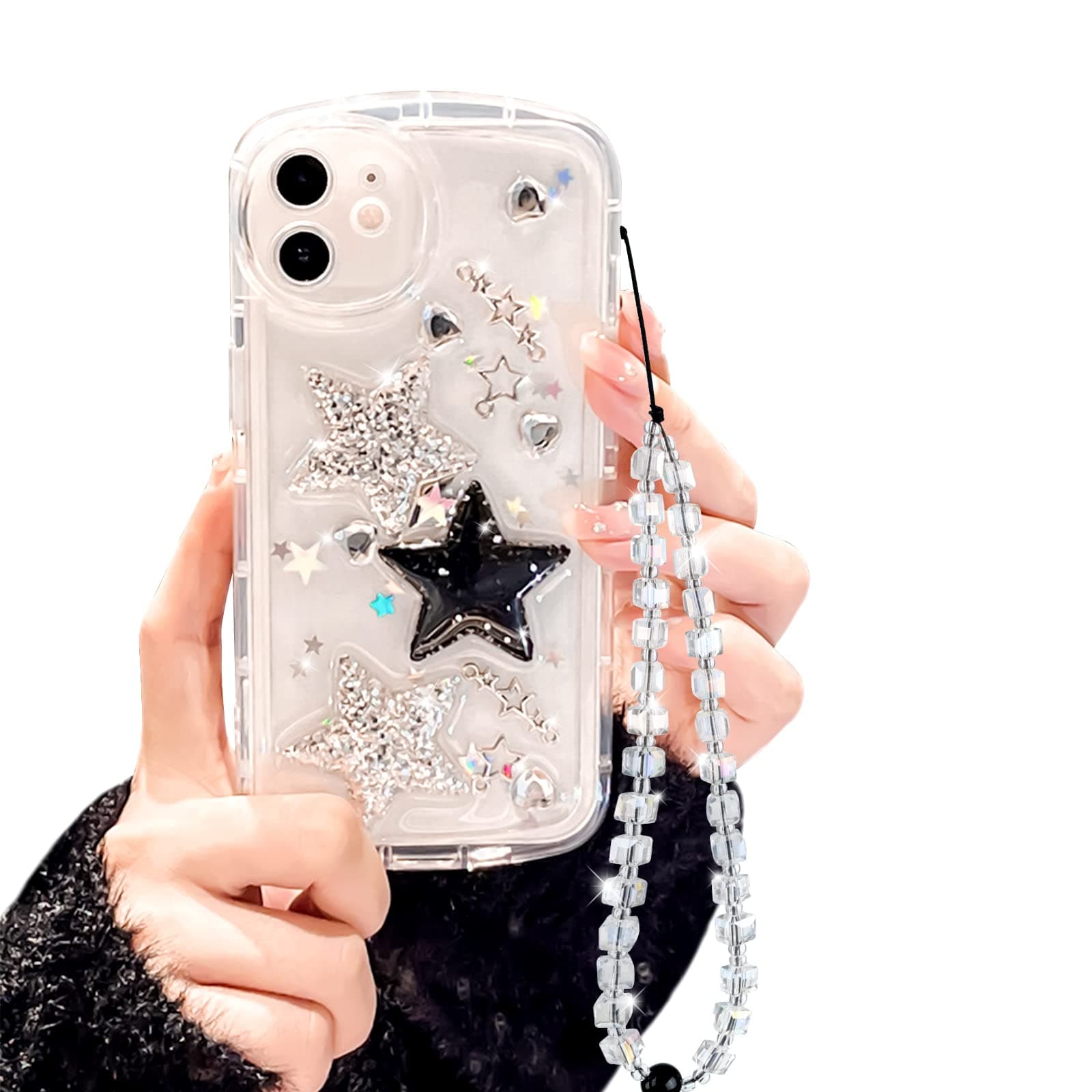 Ownest Compatible for iPhone 11 Cute Glitter 3D Stars Crystal Heart Clear with Design Aesthetic Women Teen Girls Pretty Sparkly Cute Case Protective Cover+Crystal Phone Chain