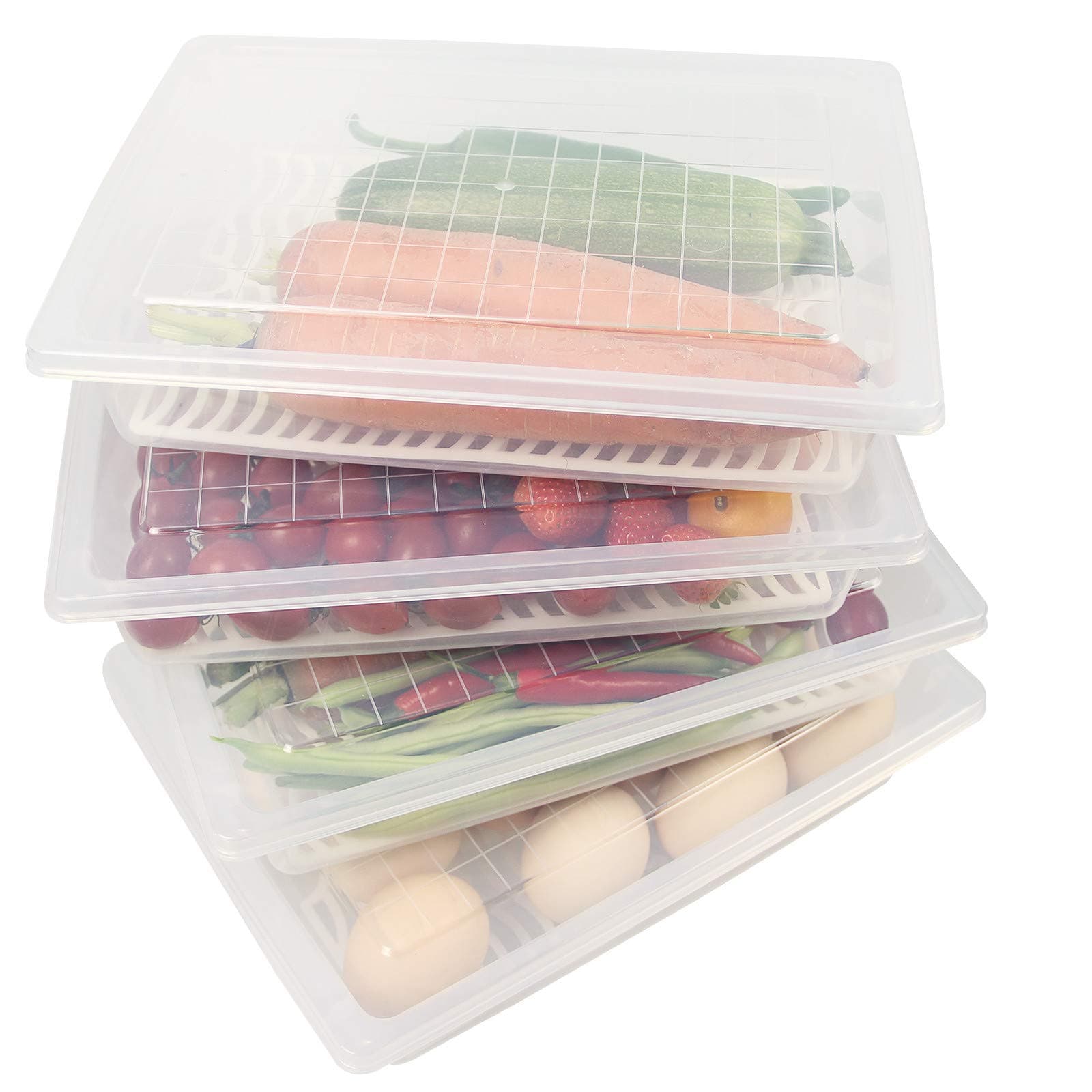 Food Storage Container, Plastic Food Containers with Removable Drain Plate and Lid, Stackable Portable Freezer Storage Containers - Tray to Keep Fruits, Vegetables, Meat and More (4,Large)