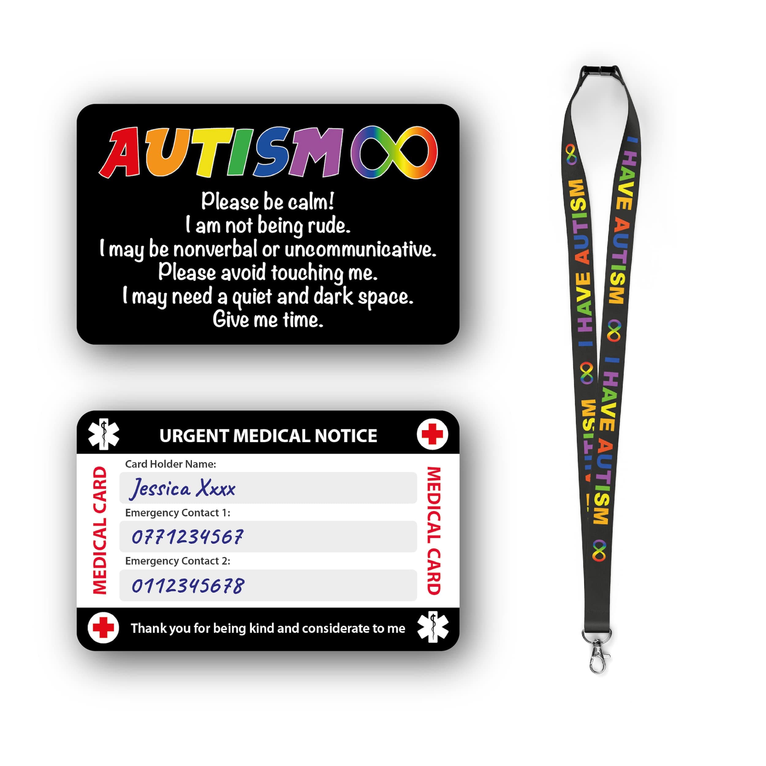 Autism Awareness Medical Card, Autism Card with Writable Panel and Patterned Lanyard, Autism Emergency Contact Card. (Autism Card & Autism Lanyard)