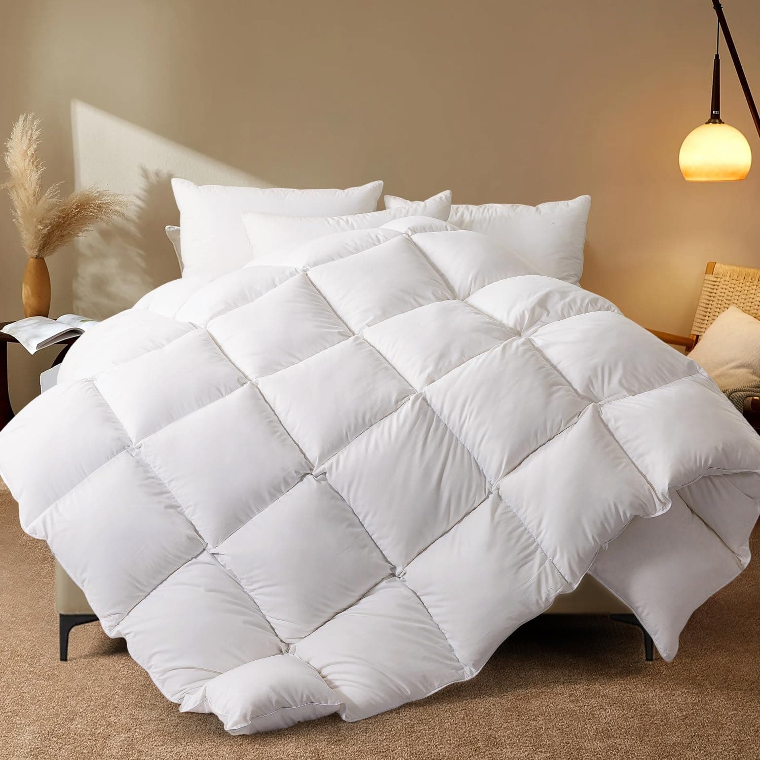 Queen Size Feather Comforter, Filled with Feather and Down Fiber, White All Season Duvet Insert - Luxurious Hotel Bed Comforter - 100% Cotton Cover, Medium Warmth with Corner Tabs - 90x90