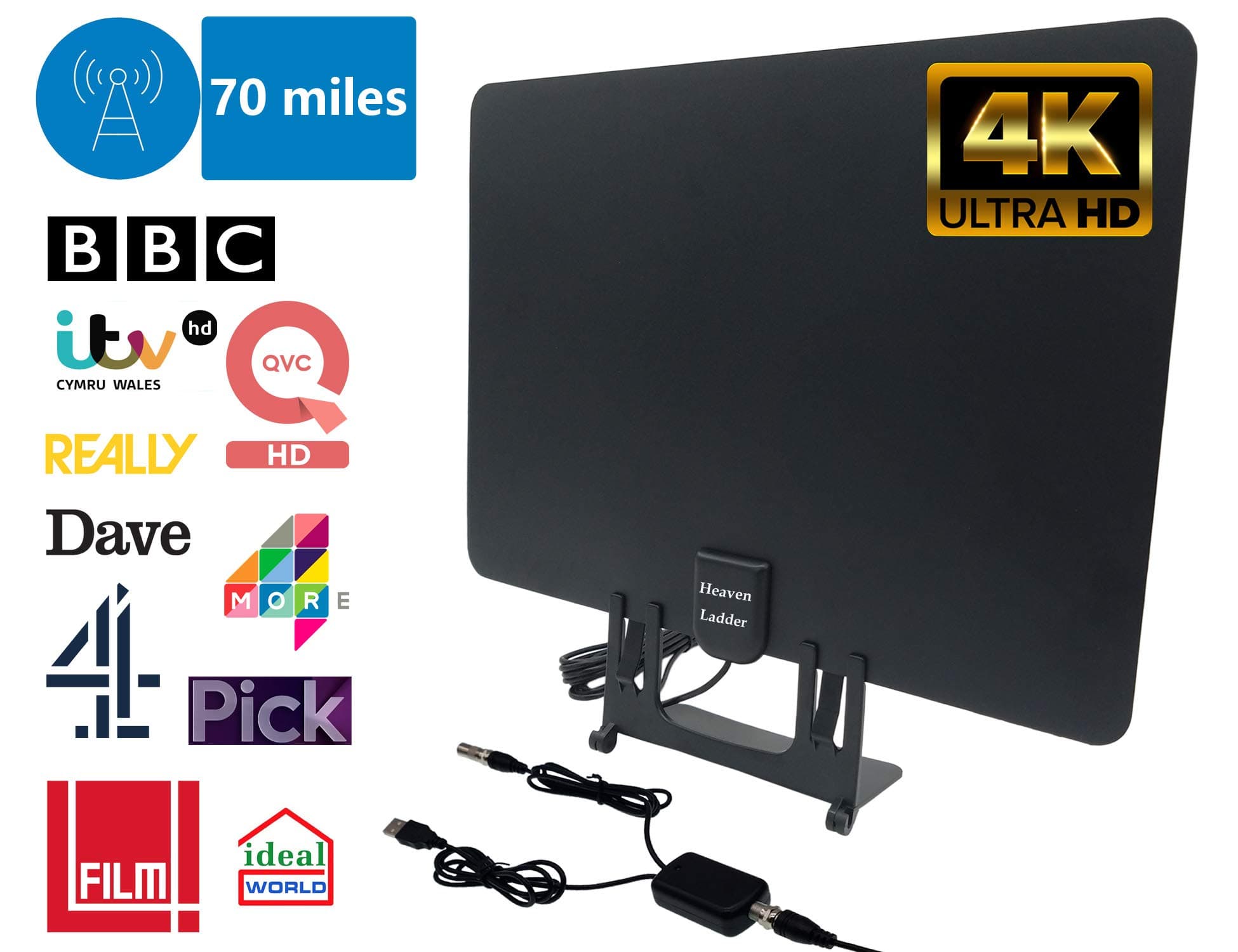 TV DVB-T/DVB-T2 Antenna with Antenna Amplifier, 4K HD 112 km Range, Indoor Digital Indoor Antenna, Paper Thin Rod Antenna for VHF/UHF/FM (5 m Cable Length)