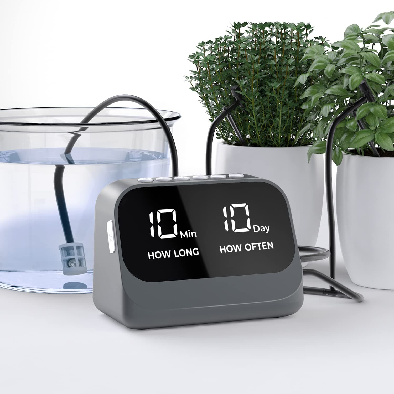 Automatic Watering for Potted Plants, Using a Smart programmable Timer, Features a Waterproof LED Display, a high-Capacity Battery, and Precise Water Distribution. (Gray)