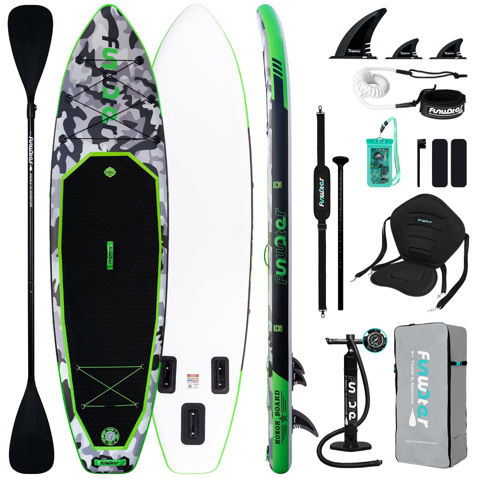 FunWaterSUP Inflatable Stand Up Paddle Board Ultra-Light Inflatable Paddleboard with ISUP Accessories,Fins,Kayak Seat,Adjustable Paddle, Pump,Backpack, Leash, Waterproof Phone Bag