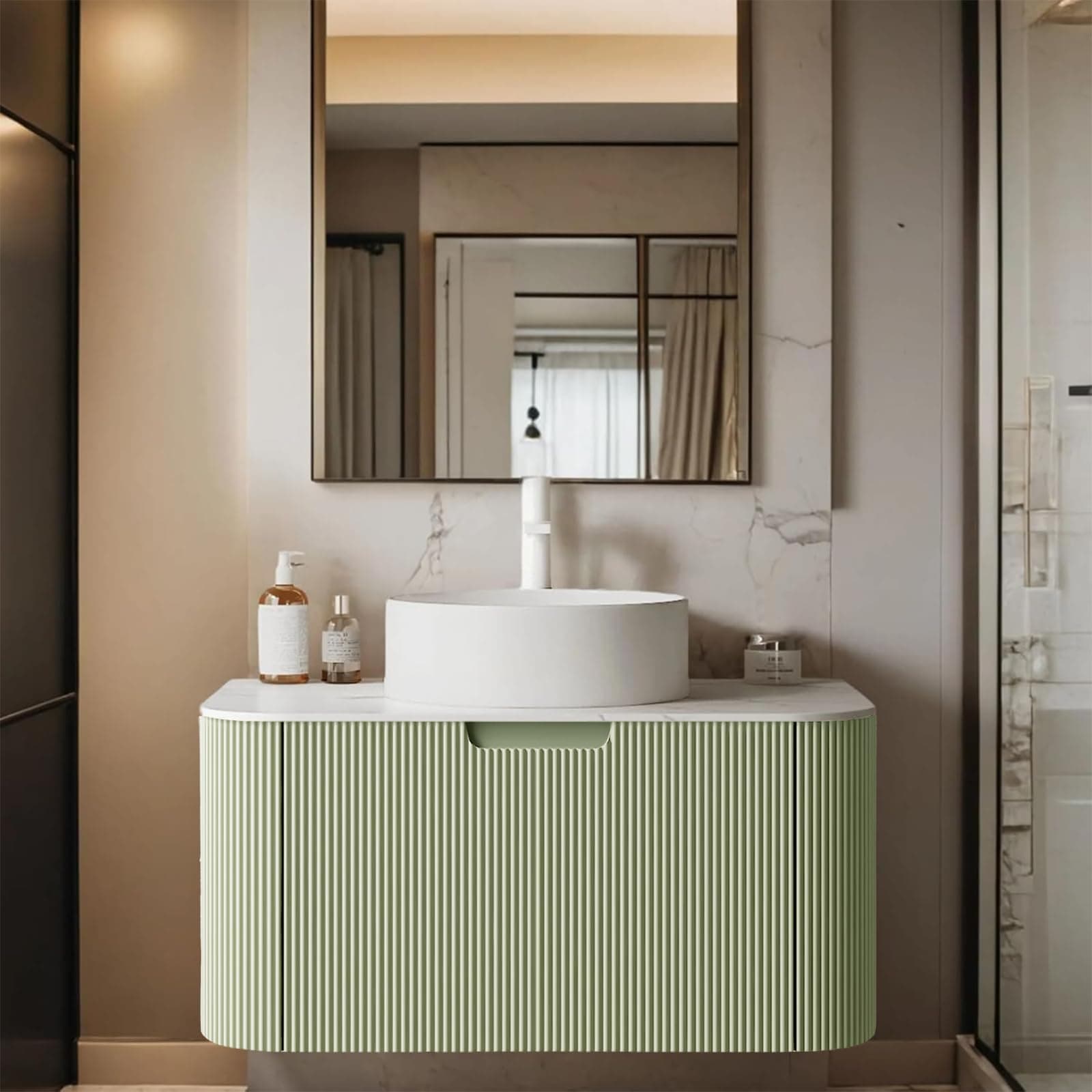 30" Solid Wood Bathroom Vanity with Sink, Wall Mounted Floating Storage Cabinet with Ultra-Thin Ceramic and Marble Top, Large Drawer for Ample Storage Space and No Assembly Required, Light Green