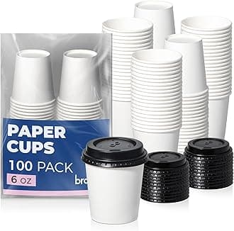 Fit Meal Prep 100 Pack 6 oz Disposable Coffee Cups with Lids, Premium To Go Paper Cups, Leak Proof Hot Coffee Cups with Lids for Travel, Office, Hot/Cold Beverages (Black Lids)